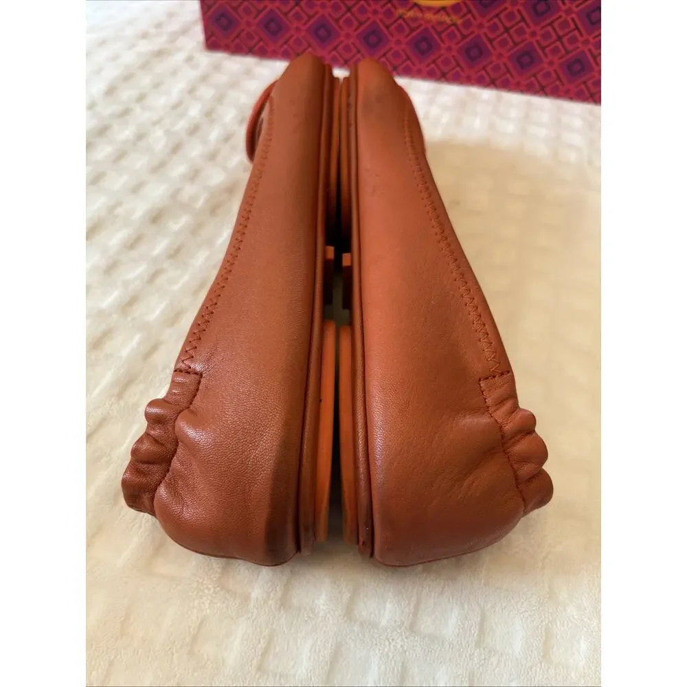 Tory Burch 7 Ballet Ballerina Flats Leather Orange Reva Minnie Travel w/ Box